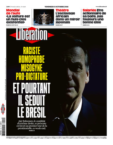 Capa da edição desta sexta-feira do jornal francês Libération contra Bolsonaro