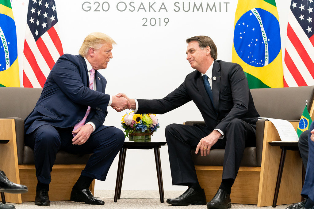 Donald Trump e Jair Bolsonaro durante encontro do G20 em Osaka, Japão, em junho de 2019. [fotografo]Shealah Craighead/White House Photo via Flickr[/fotografo]