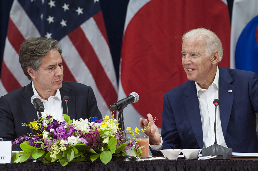 HONOLULU, Hawaii (July 14, 2016) - Vice President Joe Biden, right, talks to South Korean and Japanese leadership alongside Antony Blinken, left, Deputy Secretary of State, during trilateral talks held at the Daniel K. Inouye (DKI) Asia-Pacific Center for Security Studies. DKI APCSS is a U.S. Department of Defense institute that addresses regional and global security issues. The non-warfighting organization provides a focal point where military and civilian representatives of the United States and Asia-Pacific nations can gather to exchange ideas and develop professional and personal ties among national security establishments throughout the region. (U.S. Air Force photo by Staff Sgt. Christopher Hubenthal) 160714-F-AD344-081