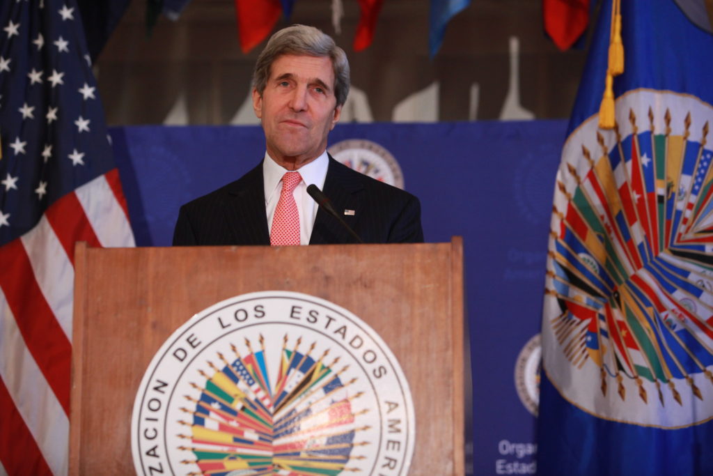 US Secretary of State John Kerry addresses an audience at the Organization of American States.
