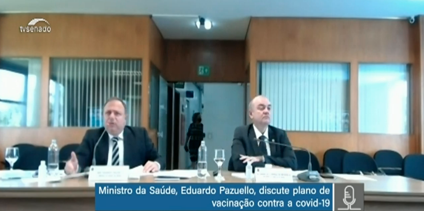 Eduardo Pazuello, ministro da Saúde, em sessão virtual no Senado [fotografo]TV Senado via YouTube[/fotografo]