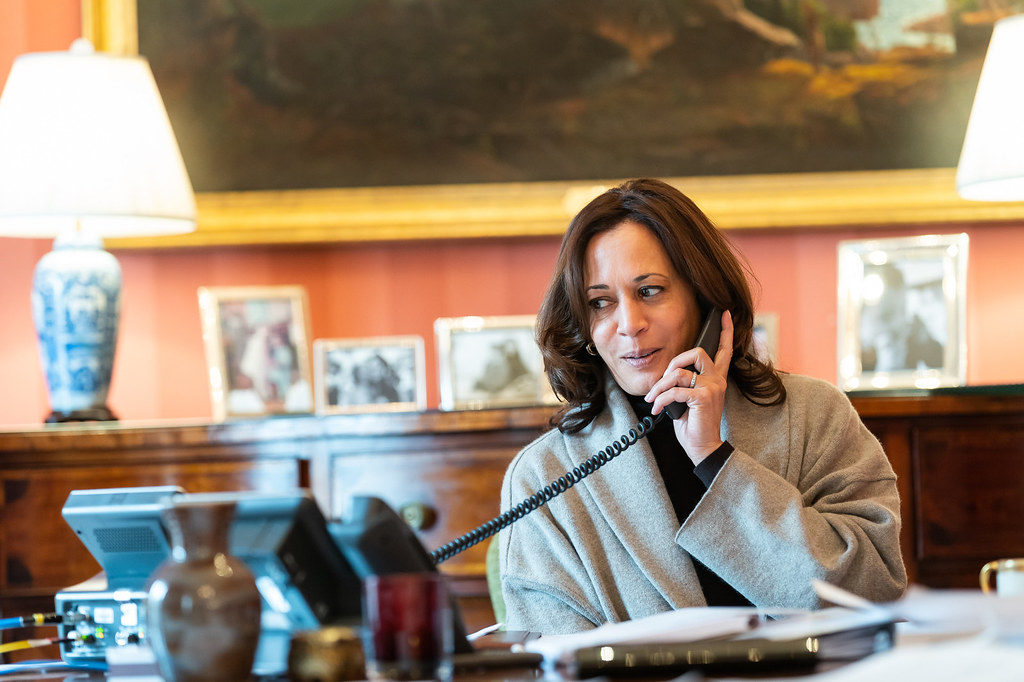 ice President Kamala Harris talks on the phone with French President Emmanuel Macron Monday, Feb. 15, 2021, at the Blair House in Washington, D.C. (Official White House Photo by Lawrence Jackson) This official White House photograph is being made available only for publication by news organizations and/or for personal use printing by the subject(s) of the photograph. The photograph may not be manipulated in any way and may not be used in commercial or political materials, advertisements, emails, products, promotions that in any way suggests approval or endorsement of the President, the First Family, or the White House.