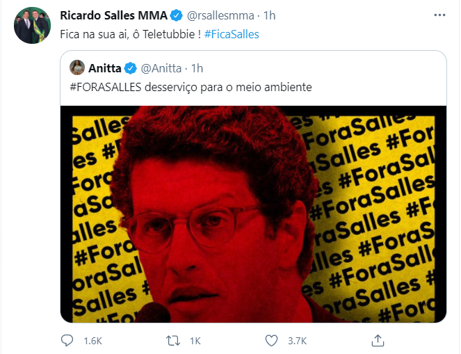Salles e Anitta trocam farpas no Twitter Fotógrafo: Reprodução/Twitter