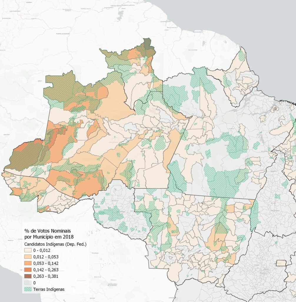 Mapa eleitoral com a distribuição de votos indígenas na região norte do Brasil. IBPAD oferece workshop sobre a elaboração desta ferramenta da ciência política. Mapa: Ricardo Gonçalves