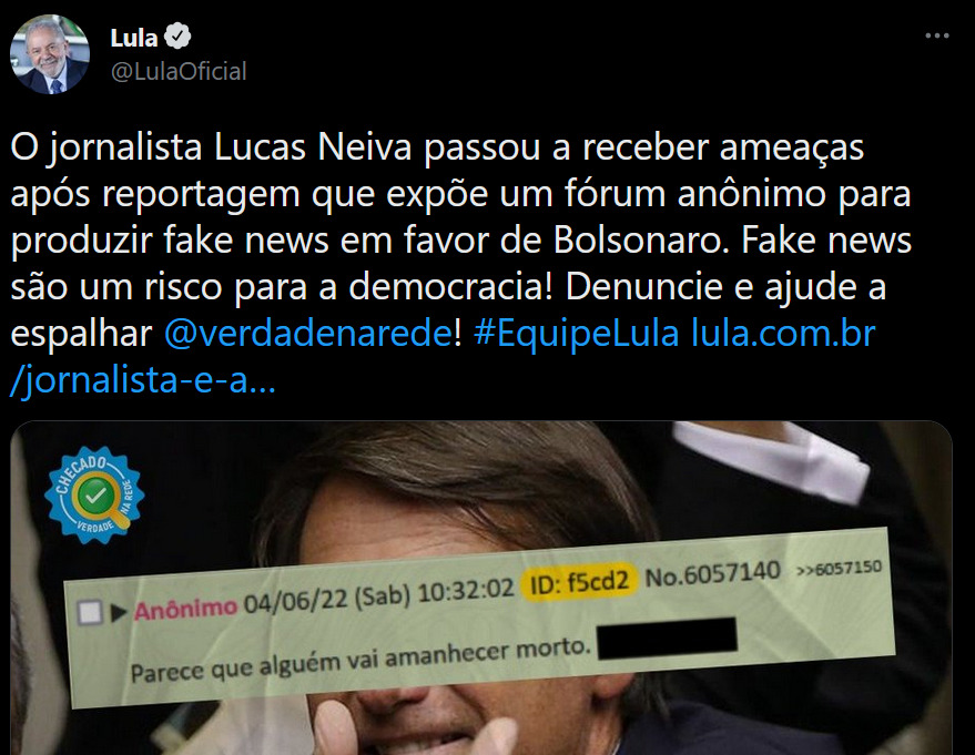 De acordo com Lula, o perigo das fake news não está apenas em seu impacto direto, mas também no risco que trazem a quem as questiona. Foto: reprodução/Twitter