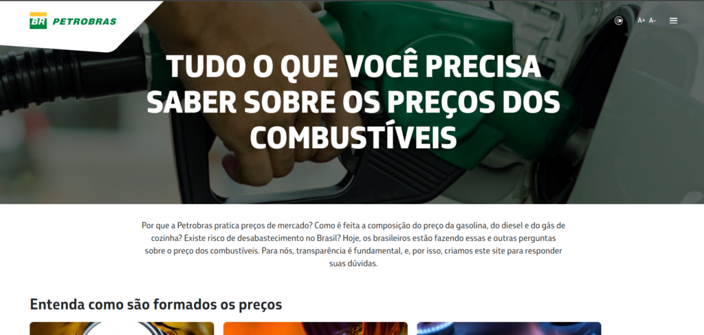 Em novo site, Petrobras explica a composição dos preços da gasolina, do diesel e do gás de cozinha. Foto: captura de tela