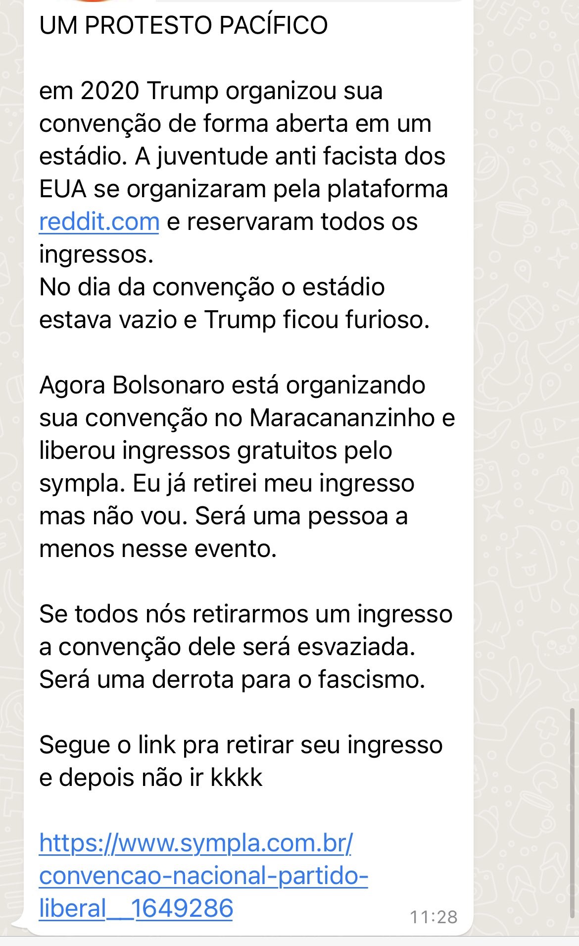 Mensagem enviada no WhatsApp convoca opositores de Jair Bolsonaro para um "protesto pacífico". 