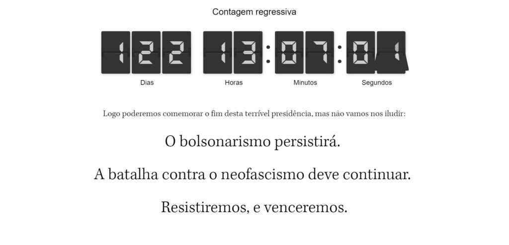 Contagem regressiva do site encerra no dia 1º de janeiro de 2023, quando se encerra o prazo do mandato atual de Bolsonaro. 