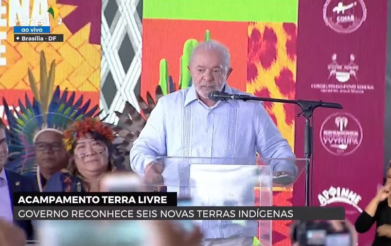 Presidente Lula (PT) assinou um decreto para homologar seis terras indígenas no país, as primeira a serem criadas desde 2018. Foto: Reprodução/TV Brasil