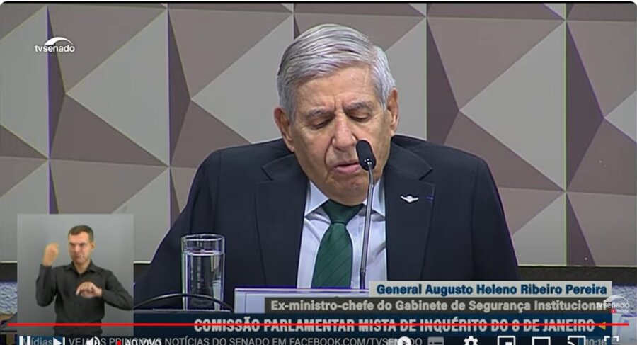 Augusto Heleno depõe à CPMI dos atos golpistas para verificar se houve articulação com envolvidos nos ataques. Foto: Reprodução