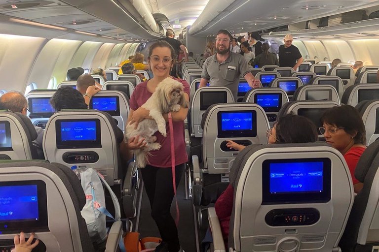 No segundo voo de repatriação de brasileiros em Israel, embarcaram nesta quarta-feira (11) 214 brasileiros, três cachorros e um gato. Foto: Gov.br