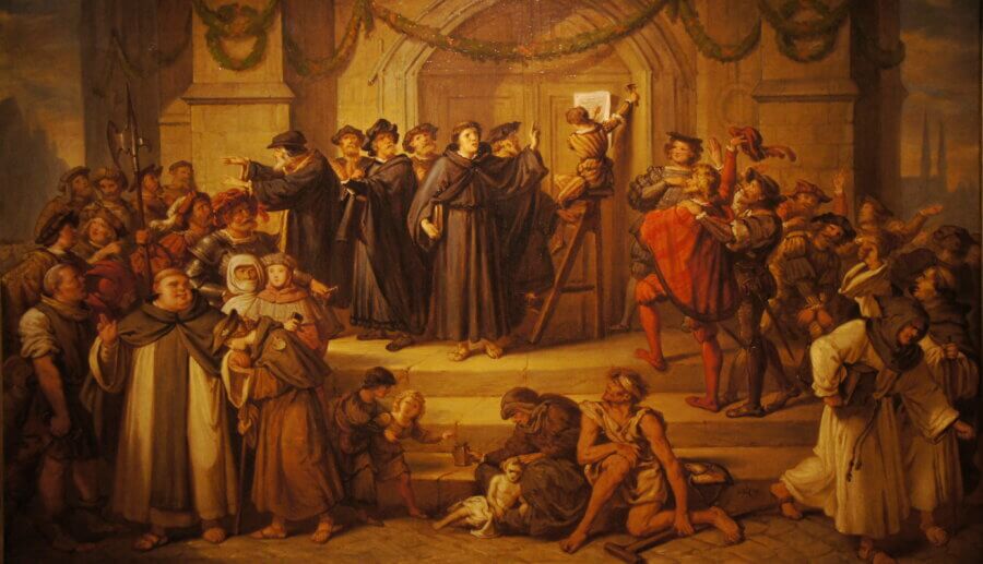 Pintura de Julius Hübner em 1878 retrata a fixação das 95 Teses de Lutero. Foto: Wikimedia Commons