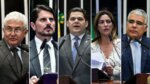 Marcos Pontes (PL-SP), Marcos do Val (Podemos-ES), Davi Alcolumbre (União Brasil-AP), Soraya Thronicke (Podemos-MS) e Eduardo Girão (Novo-CE) são os candidatos à presidência do Senado. Foto: Agência Senado